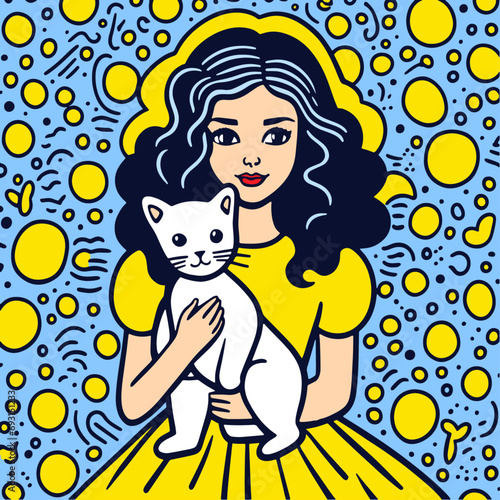 girl and cat, girl holding cat illustration