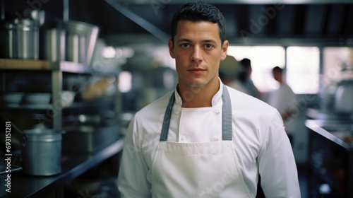 Chef in white uniform standing in a kitchen, preparing delicious dishes