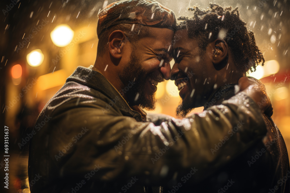 Happy man, gay couple hugging each other in the rain