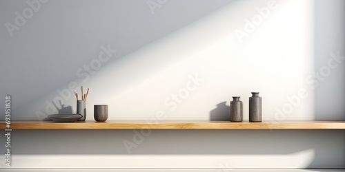 Empty gray workspace with a white background and a light shadow on a counter display in a room.