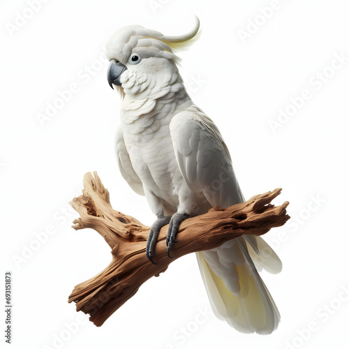 White Cockatoo with yellow wings. Nature themed designs, wildlife. Cacatua blanca con alas amarillas, Cacatua alba, Weißer Kakadu, Белый какаду, high quality portrait, isolated white background.