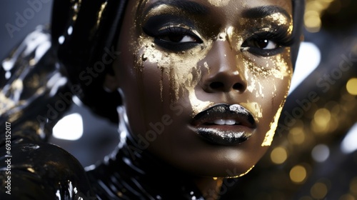 Captivating woman adorned in silver makeup and a mysterious mask