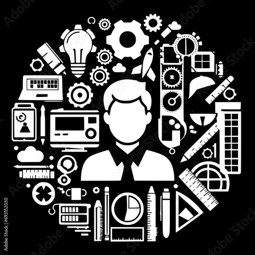 an illustration of a man's head surrounded by various objects and symbols representing different industries and professions