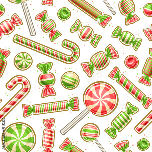 Vector Christmas Candy seamless pattern, decorative repeat background with illustration of christmas candy canes and snacks in foil package, square poster with group of flying flat lay minty candies