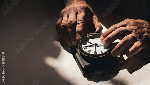 elderly man holding old and antique clock in his hands watches how time passes photo