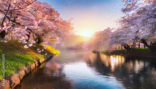 Cherry blossoms and cherry trees along the river at sunset.