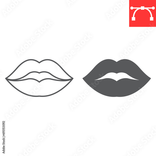 Lips line and glyph icon, valentines day and mouth, kiss vector icon, vector graphics, editable stroke outline sign, eps 10.