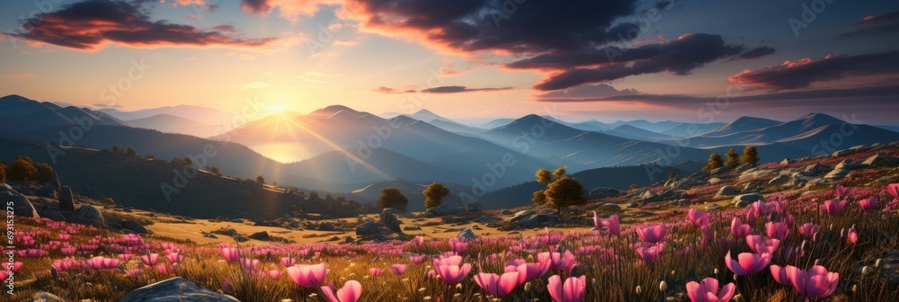 A vibrant field of pink flowers swaying gently in the breeze, with majestic mountains towering in the background - obrazy, fototapety, plakaty 
