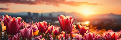 A vibrant field of red tulips stretching out towards the horizon as the sun sets in the background, casting a warm glow over the flowers #693153257