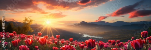 beautiful Easter panoramic landscape with a serene sunrise over tulip flowers field