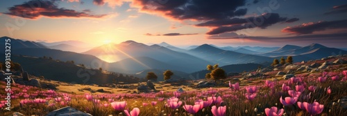 A vibrant field of pink flowers swaying gently in the breeze, with majestic mountains towering in the background