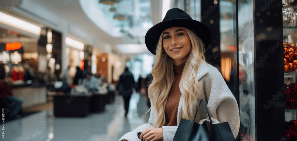 smiling woman in shopping mall, modern urban shopping lifestyle, Generative Ai smiling woman in shopping mall, modern urban shopping lifestyle, Generative Ai