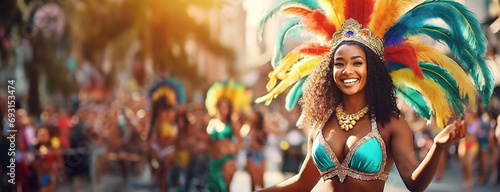 Vibrant Carnival Celebration. Dancer with Colorful Feathers in Rio. Panorama with copy space. Blur flamboyant festivities background. photo