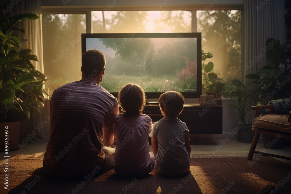 Family Time. Father Watching TV with Children in the Living Room