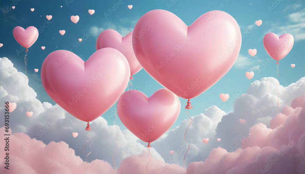 The pink heart shaped balloons and clouds. Valentine's day composition.
