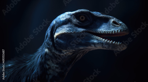 Realistic photography of roaring Velociraptor dinosaur from Jurassic era, extremely detailed studio shot, generative ai © Artificial Arts