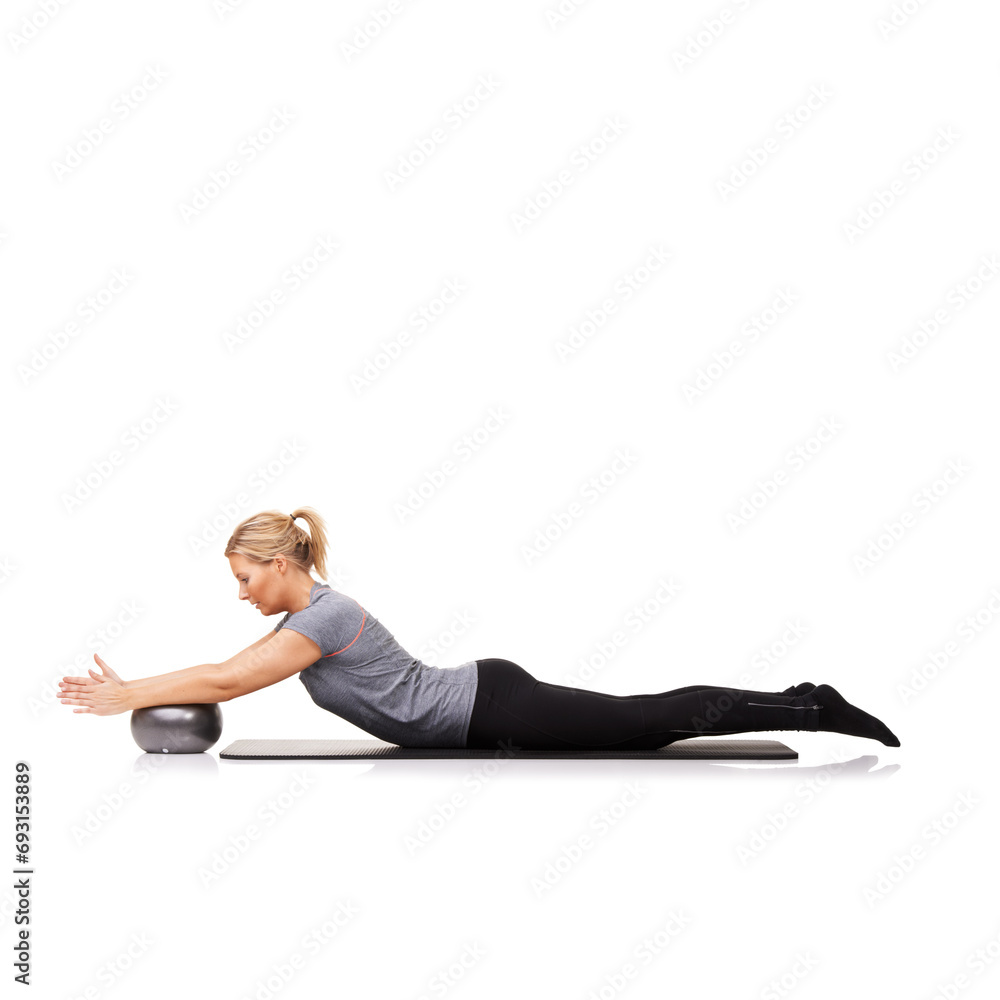 Woman, exercise ball and stretching on yoga mat or workout performance, pilates wellness or white background. Female person, gym equipment and fitness in studio for mockup space, challenge or balance Woman, exercise ball and stretching on yoga mat or workout performance, pilates wellness or white background. Female person, gym equipment and fitness in studio for mockup space, challenge or balance