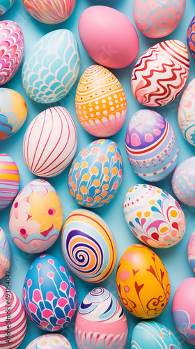 Colorful Easter Eggs decorated for easter party concept in a flat lay background color