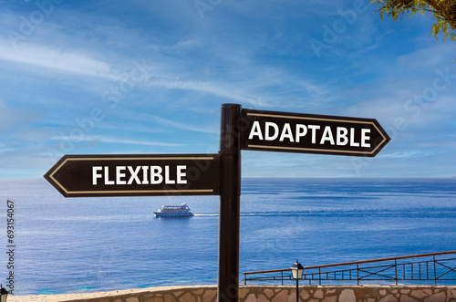 Flexible or adaptable symbol. Concept word Flexible Adaptable on beautiful signpost with two arrows. Beautiful blue sea sky with clouds background. Business flexible or adaptable concept. Copy space.