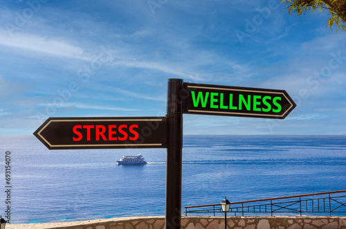 Wellness or stress symbol. Concept word Wellness or Stress on beautiful signpost with two arrows. Beautiful blue sea sky with clouds background. Healthy and Wellness or stress concept. Copy space.