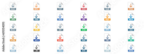 A set of icons of all types of electronic file types on a white background, eps10