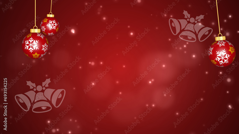 Snowflakes falling with bells and balls on red background, Winter Christmas Holiday. Snowflakes falling with bells and balls on red background, Winter Christmas Holiday.