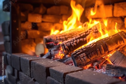 Burning logs with orange flame in fireplace, extrem close up 