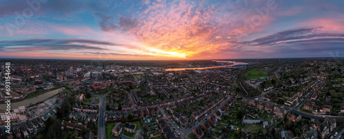 An aerial photo of the Wet Dock in Ipswich, Suffolk, UK at sunrise photo