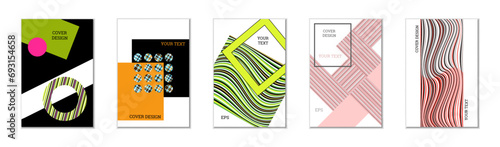 Geometric cover design, set of 5 covers. Abstract unusual background in Memphis style. Bright geometric shapes in random order