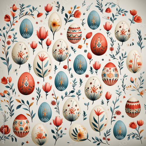 ilustración para papel huevos de pascua chocolate pintados con elementos decorativos, patrón o modelo para estampado, en fondo blanco con detalles florales, colorido  photo