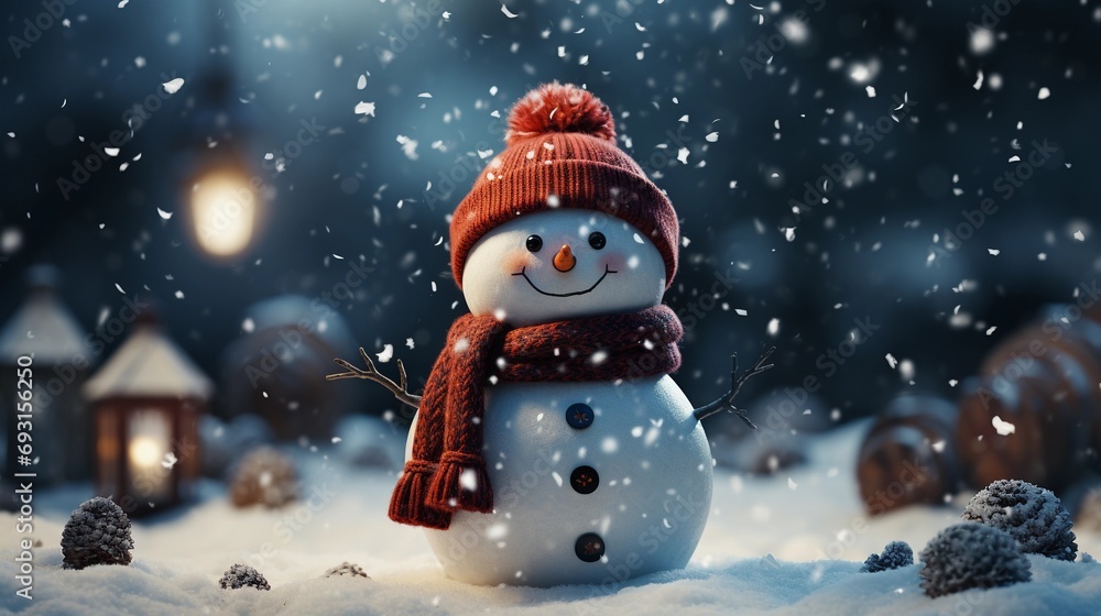 Kleiner lustiger Schneemann mit roter Mütze und rotem Schal.
