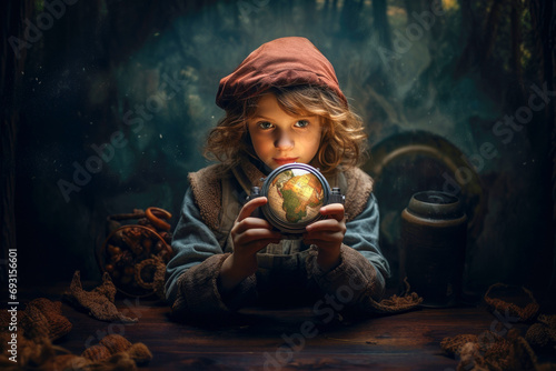 A small English adventurer in a batting cap and thick jumper sits at a table holding a globe in his hands. Concept: A thirst for adventure and discovering the world