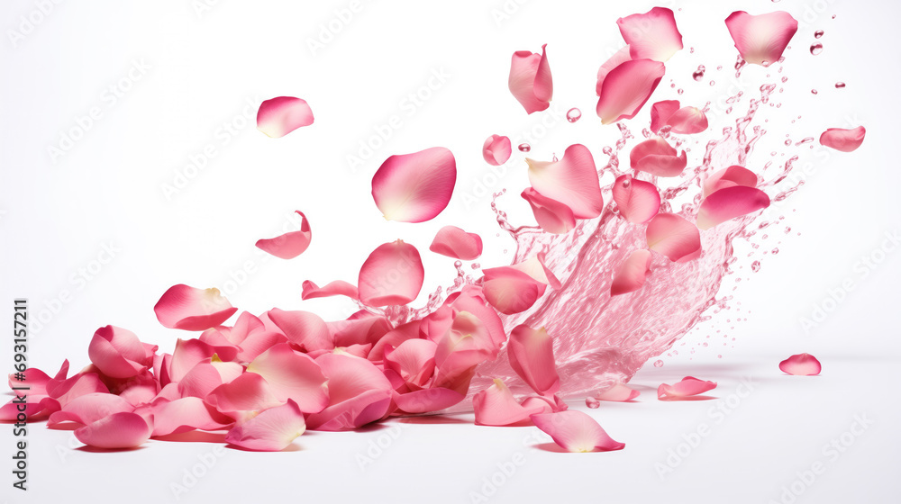 Rose flower petals , water drop and leaf falling in white background. 