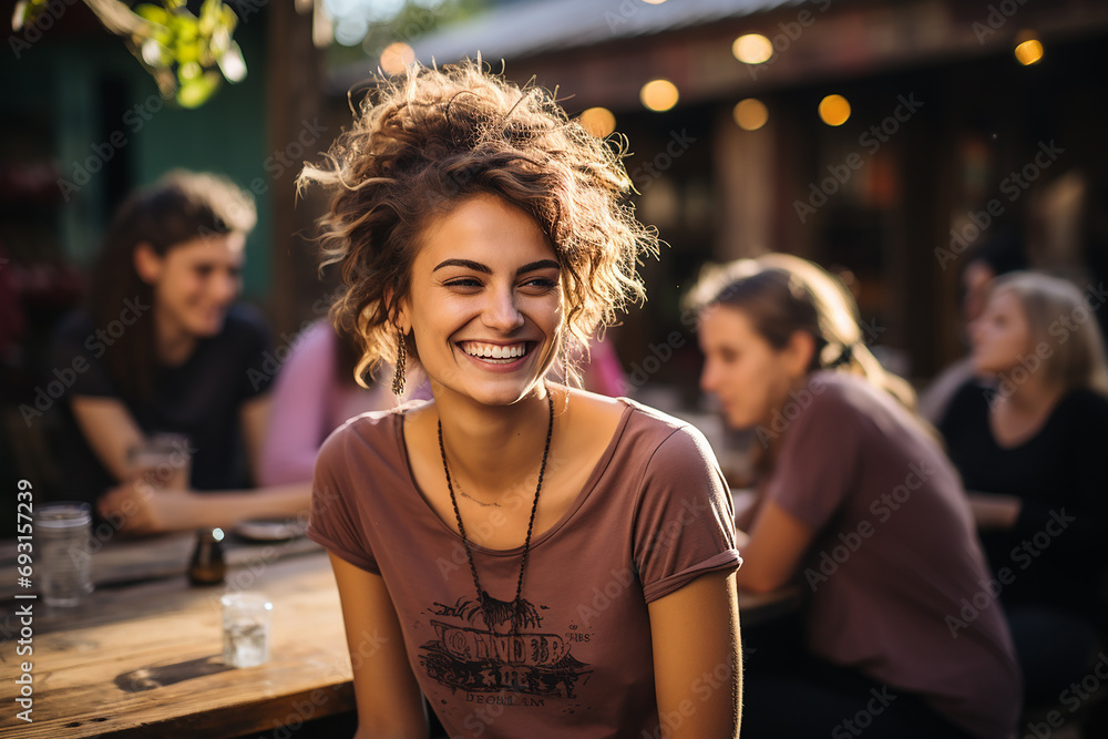 smiling woman is at a bar in a local bar having an aperitif, she is smiling and alone. smiling woman is at a bar in a local bar having an aperitif, she is smiling and alone.