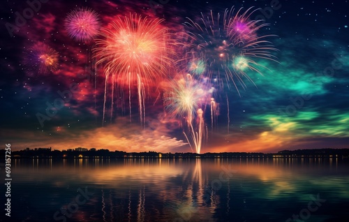 fireworks in the night sky over a lake  in the style of bold and vibrant primary colors  viennese secession  furaffinity  carnivalcore  creative commons attribution  uhd image