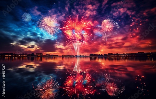 fireworks in the night sky over a lake, in the style of bold and vibrant primary colors, viennese secession, furaffinity, carnivalcore, creative commons attribution, uhd image photo