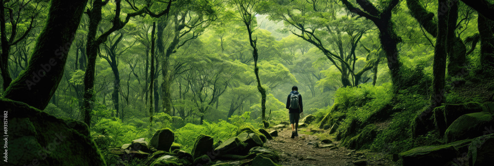 Naklejka premium Single traveller walking path through a lush and old green forest