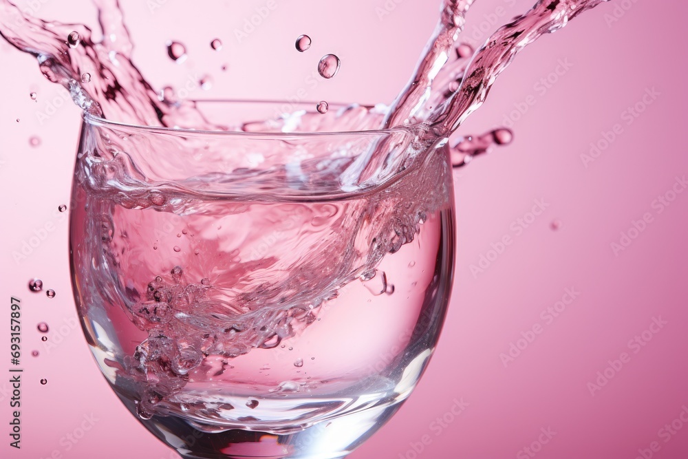 A glass filled with clear water resting on a solid pink background. A glass filled with clear water resting on a solid pink background.