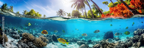 Split-view panorama of a tranquil lagoon with tropical fish and lush trees photo
