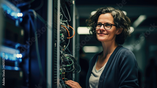 Woman in her 40s wearing glasses and working on a server
