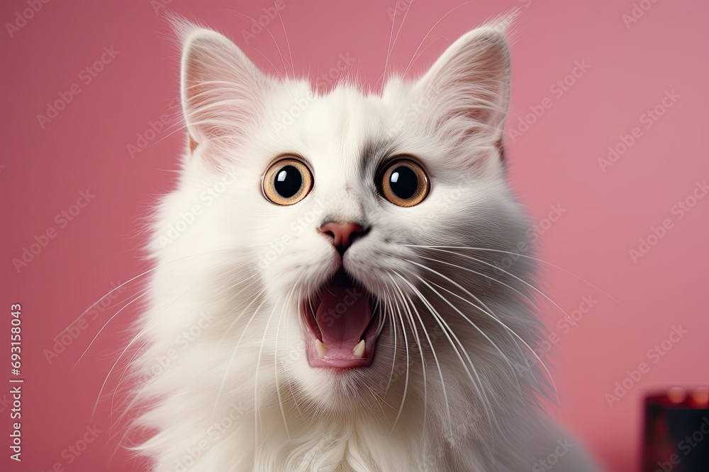 happy Surprised White Fluffy Cat on Pink Background