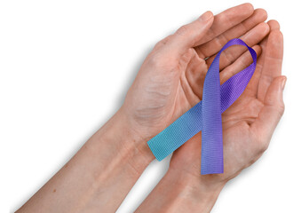 Teal and Purple Ribbon in Woman's Hands, Suicide Prevention Concept, Isolated