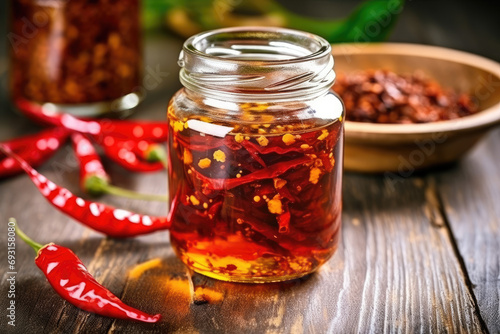 Chili oil in jar on the kitchen.