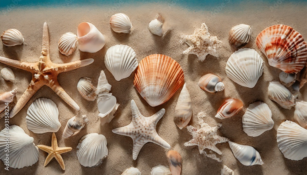 top view of a sandy beach with collection of seashells and starfish as natural textured background for aesthetic summer design