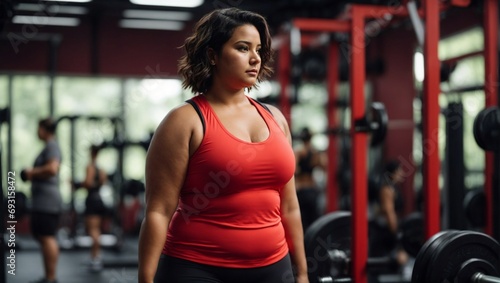 Overweight girl working out in gym