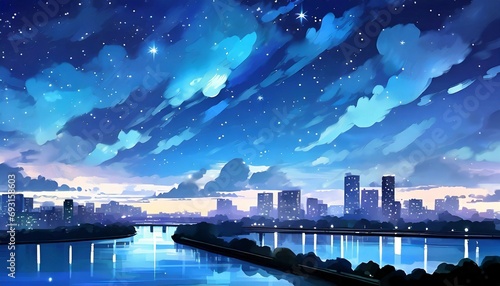 cityscape with the night sky showing blue clouds and stars in the style of anime romantic riverscapes hd wallpaper background 8k 4k photo