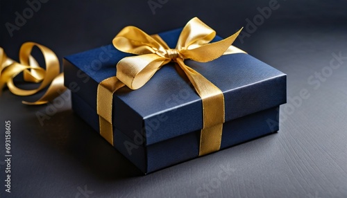 dark blue gift box with elegant gold ribbon on dark background greeting gift with copy space for christmas present holiday or birthday