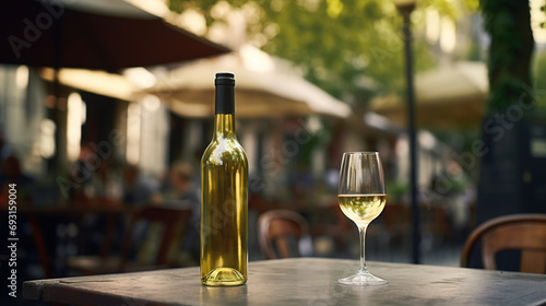 Generative AI, glass of white wine and bottle on wooden table with blur background with lights of street bar, cafe, coffee shop or restaurant, wine mock up	
 photo