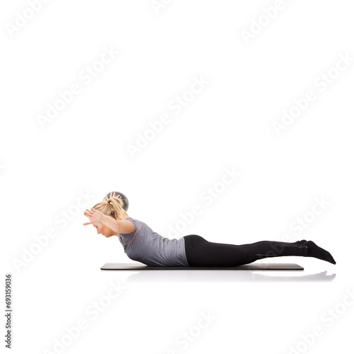 Exercise arms, pilates or woman on ball in workout, stretching or body health isolated on a white studio background mockup space. Flexible, mat or person on equipment for balance, training or fitness