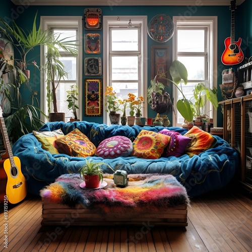 colorful boho style livingroom interior design